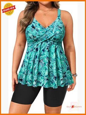 Plus Size Tankini Set with Shorts Tummy Control Flowy Swimwear V Neck